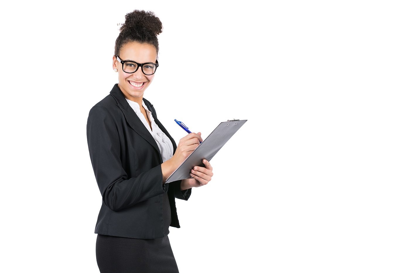 Stockfoto von einer jungen, hübschen Frau mit einem Klemmbrett